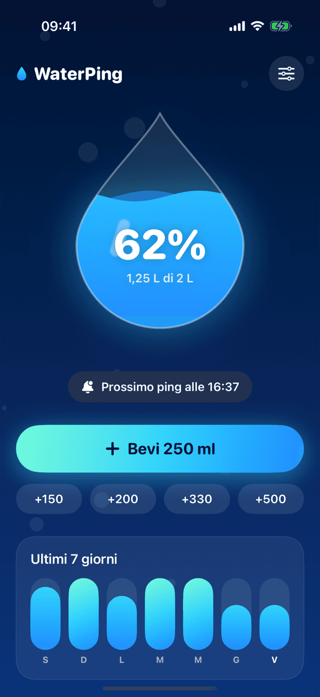 Schermata principale di WaterPing su iPhone: goccia piena al 62%, prossimo ping e storico settimanale